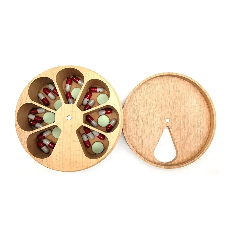 Earring Ring Jewelry Storage Round Decorative Box Daily Weekly Vitamin Medicine Pill Organizer Case Wooden Box