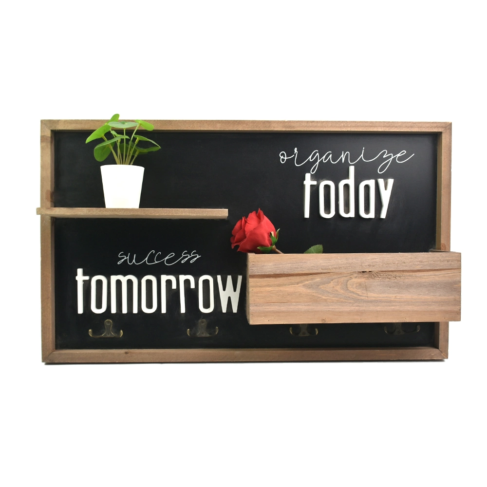 Wooden Wall Organizer with Key Holder Hooks, Wall Mounted Mail Sorter Organizer with 4 Double Key Hooks, a Floating Shelf, Blackboard & Chalk Rustic Key Rack