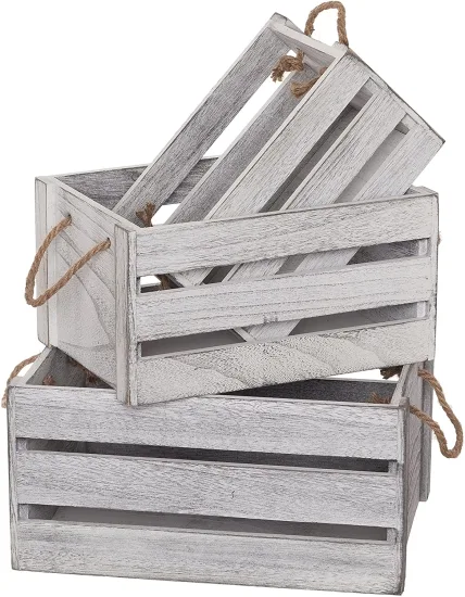 Caixas de armazenamento decorativas vintage rústicas de madeira branca cinza com alças abertas - Caixas artesanais de madeira multiuso/cozinha de banheiro, caixa de frutas para lavanderia